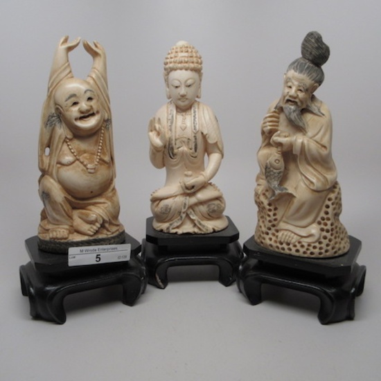 3 Oriental carved figures on teak wood bases