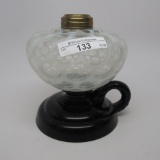 #1 footed finger lamp in Eason pattern with white opal font with open windo