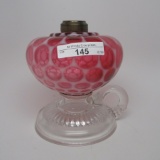 #1 footed finger lamp in Eason pattern with opal Coin Dot cranberry font wi