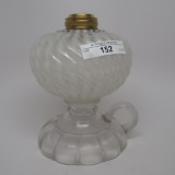 #1 footed finger lamp in Sheldon Swirl pattern white opal font and clear ha