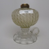 #1 footed finger lamp in Sheldon Swirl pattern Vaseline opal font with clea