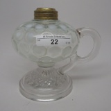 #1 footed finger lamp in Angela pattern with white opal coin spot font and