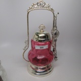 Victorian pickle castor w/ cranberry insert & fork