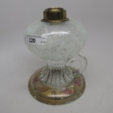 #1 footed finger lamp in Primrose pattern with white opal font and clear ha