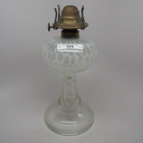 #1 stand lamp in Leaf and Jewel pattern with white opal font and clear stem