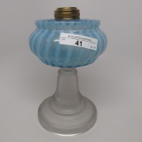 #1 stand lamp with white opal vertical stripes in blue font with frosted st