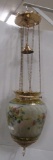 Victorian hanging hall lamp w/ satin painted birds shade. Polished Brass fi