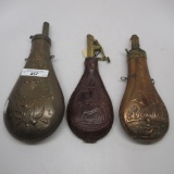 (2) Brass Gun Powder Flasks and (1) Leather Buck Shot Flask