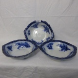 Flow Blue Tourine Pattern - (3) Large Bowls