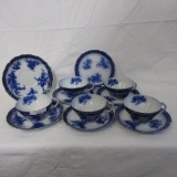 Flow Blue Tourine Pattern - Tea Pot, Tea Cup and Saucer, Bowl, and 2 Plates