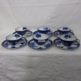 Flow Blue Tourine Pattern - (6) Cups with Saucers