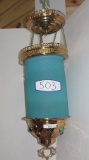 Victorian Hanging Hall Light with Teal Diamond Quilt Cylinder Shade, Polish