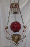 Victorian Hanging GWTW Parlor Lamp Cranberry Hobnail 8