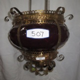 Victorian Hanging Hall Lamp with Cranberry Hobnail Shade, Polished Brass wi