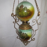 Victorian GWTW Parlor Lamp with Oriental Scenic Shade and Font, All Origina