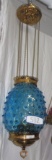 Victorian Hanging Hall Lamp with Blue Hobnail Shad e, Polished Brass, Oil o