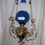 Victorian Hanging GWTW Parlor Lamp with Blue Hobnail 8