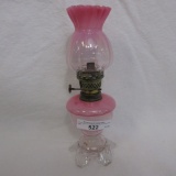 Sweet english miniature oil lamp w/ petal feet, pink/ opal shade and font.