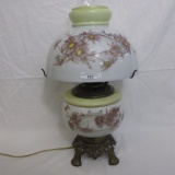 Victorian GWTW table lamp w/ hand painted scenic shade and matching font, 1