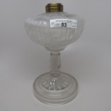 #1 stand lamp in Gaiety pattern with white opal spatter font and clear stem