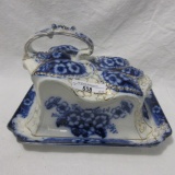 Flow Blue Covered Cheese Dish with Dogwood Decor and Gold