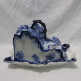 Flow Blue Covered Cheese Dish with Mums Decor and Gold Trim