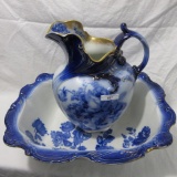 Flow Blue Wash Pitcher and Basin with Roses by Daulton, Glorie-De.Dijon Pat