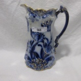 Flow Blue Pitcher with Gold Outline Tulips, 7
