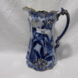 Flow Blue Pitcher with Gold Outline Tulips, 7.5