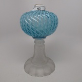#1 stand lamp in Sheldon Swirl pattern with blue opal font, frosted base an