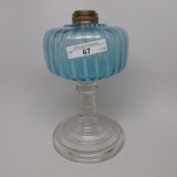 #1 stand lamp with white opal vertical stripes in blue font with clear base