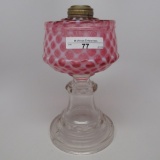 #1 stand lamp with white opal quilted cranberry font with clear base and st