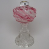 #1 stand lamp in Bloxam pattern with opal Cranberry spatter font. Clear ste