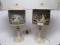 Wonderful pair of slag glass dresser lamps w/ Oriental style filigree work.