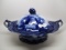 Flow Blue covered soup tureen with rose finial. minor staining under lid, o