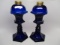 Pair early cobalt whale oil lamps