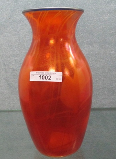 Imperial Freehand 8.5" iridized orange on crystal Leaf & Vine vase w/ coba