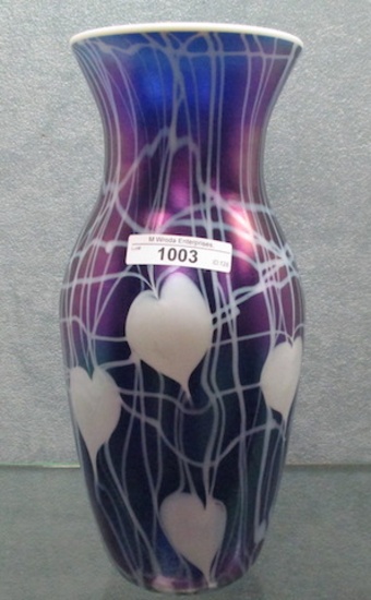 Imperial Freehand 10" iridized cobalt Leaf & Vine vase w/ snow crest rim.