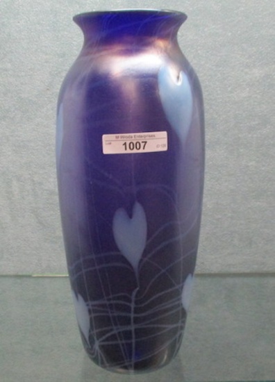 Imperial Freehand 11.25" iridized cobalt Leaf & Vine vase w/ sky blue leaf.