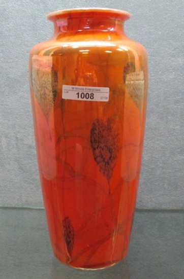 Imperial Freehand 11.25" iridized orange on milk glass Pond Lily vase, pol