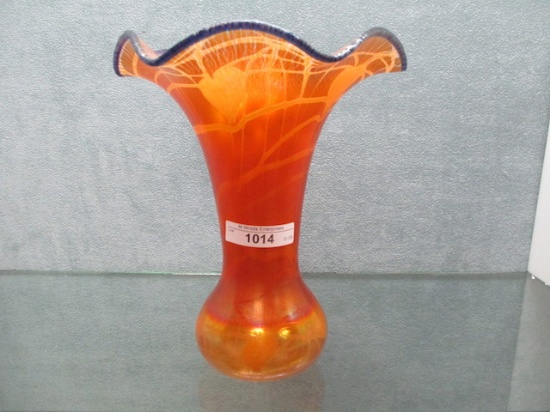 Imperial Freehand 8" iridized orange on crystal Leaf & Vine ruffled vase w