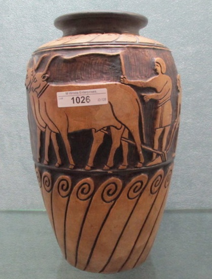 Weller 10.25" Lebanon Stick carved Grecian pottery vase w/ Oxen pulling pl
