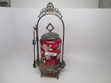 Victorian silver plate pickle castor w/ enameled cranberry insert