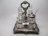 Victorian silver plate condiment jar set w/ oil vinegar bottles