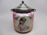 Victorian biscuit jar w/ portrait of lady w/ flower in hair