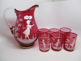 Mary Gregory 7pc cranberry water set. Girl & Boy w/ flower