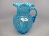 Victorian opalescent blue opal Button & Braids water pitcher