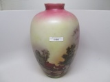 Hand painted Sheepherder scenic vase on milk glass. attrib to Bristol glass