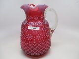 Victorian opalescent cranberry opal Christmas Snowflake water pitcher. stro