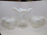 Victorian Pattern glass french opal Beaded Shell 7pc water set.